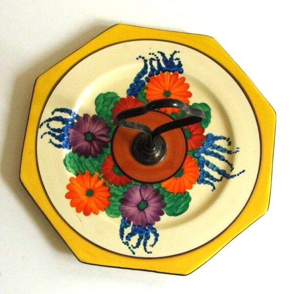 Clarice Cliff Gayday Octagonal 7.5" Cake Plate with Handle Floral 1930s Antique - Picture 2 of 11